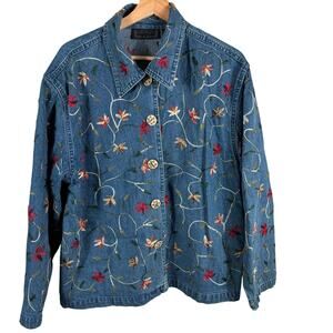 Life Style Women's Large Cotton Floral Embroidered Button Up Casual Denim Jacket